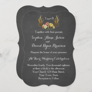 Wedding Invitation   Unique Antlers Floral Chalk