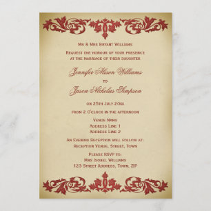 Wedding Invitation Vintage Leaf Scroll in Burgundy