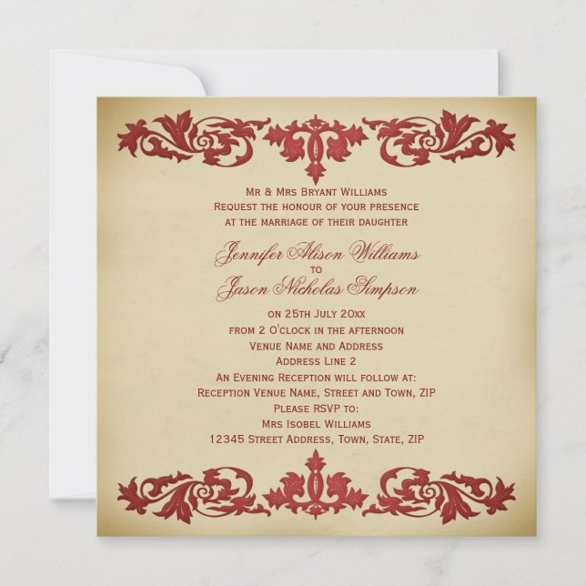 Wedding Invitation Vintage Leaf Scroll in Neutrals (Front)