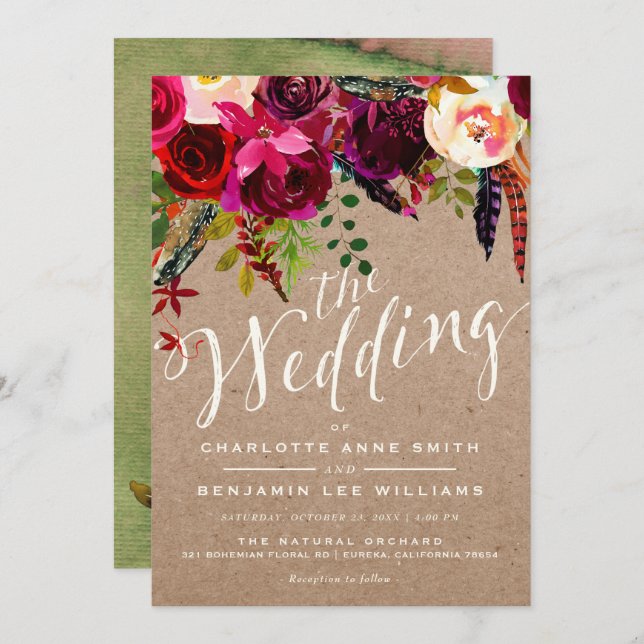WEDDING INVITATION | Watercolor Floral Rustic Boho (Front/Back)