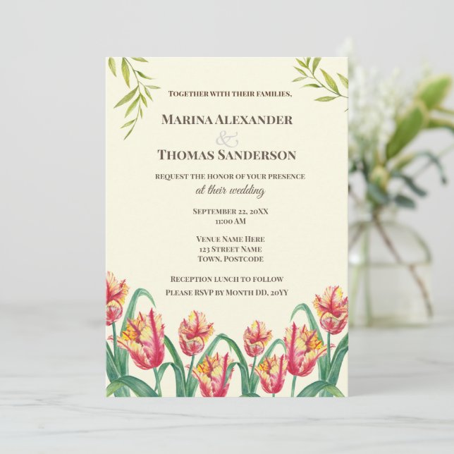 Wedding Invitation Watercolor Yellow Parrot Tulips (Standing Front)