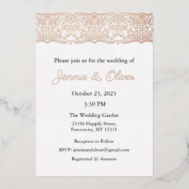 Wedding Invitation, Wedding Stationary, Foil, Lace (Front)