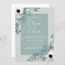 Wedding invitation white anemone sage green