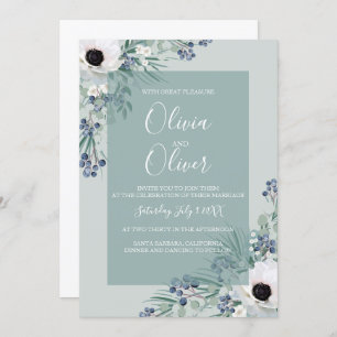 Wedding invitation white anemone sage green