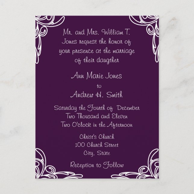 Wedding Invitation White Corners Swirl on Plum (Front)