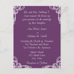 Wedding Invitation White Corners Swirl on Plum Postcard