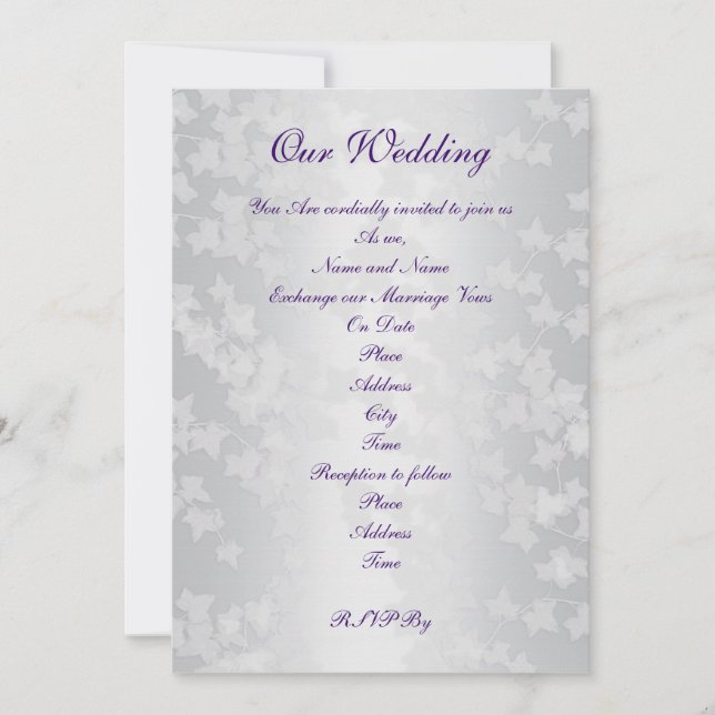 Wedding invitation white embossed ivy on satin (Front)
