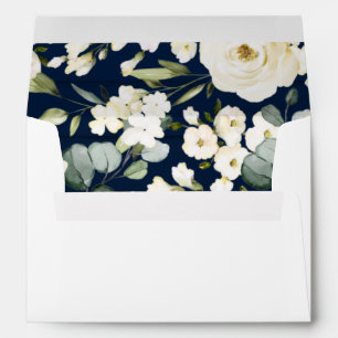 Wedding Invitation White Floral Navy Blue Liner Envelope