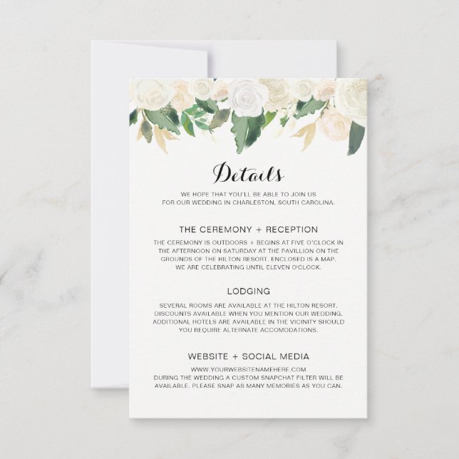 Wedding Invitation White Flowers - Details Card (Front)