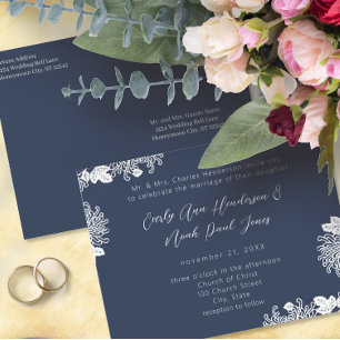 Wedding Invitation White On Midnight Blue Vintage