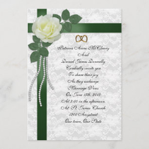 Wedding Invitation  white rose, green ribbons