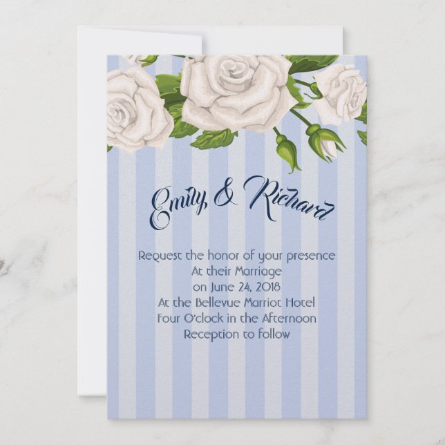 Wedding Invitation-White Roses on Blue Stripes Inv Invitation (Front)