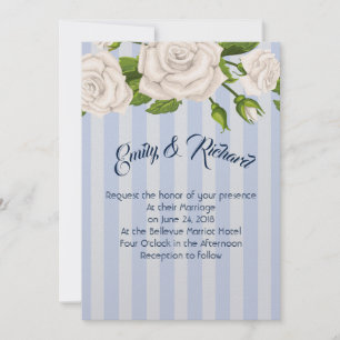 Wedding Invitation-White Roses on Blue Stripes Inv Invitation
