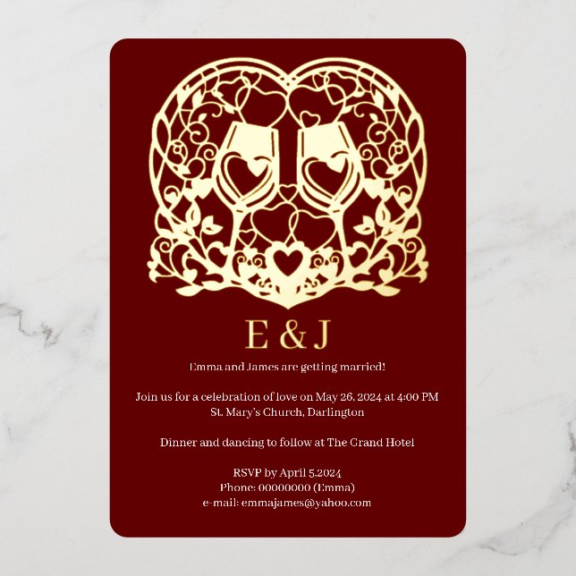 Wedding invitation, wine glasses, hearts (Front)