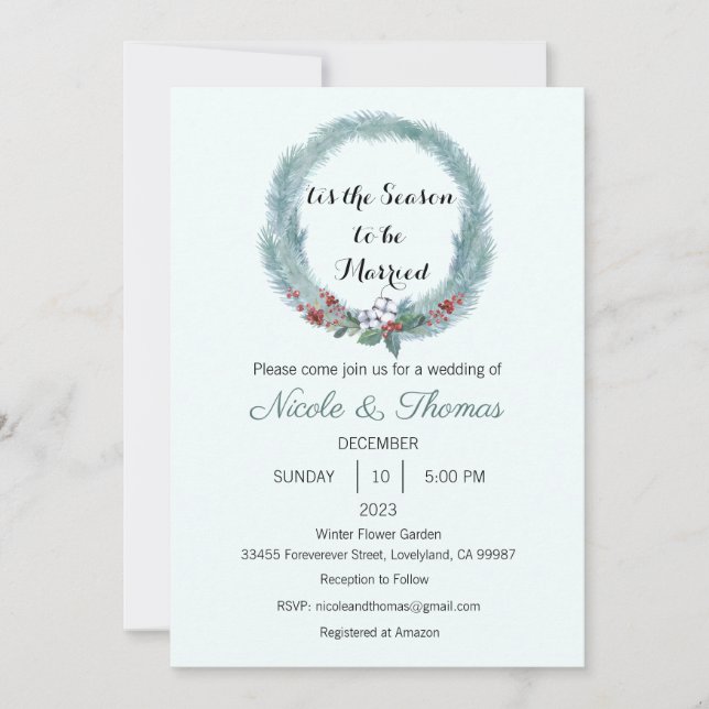 Wedding Invitation, Winter Wedding, Christmas  Invitation (Front)