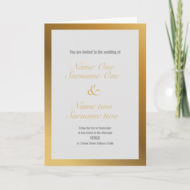 Wedding invitation with a gold border effect (Front)