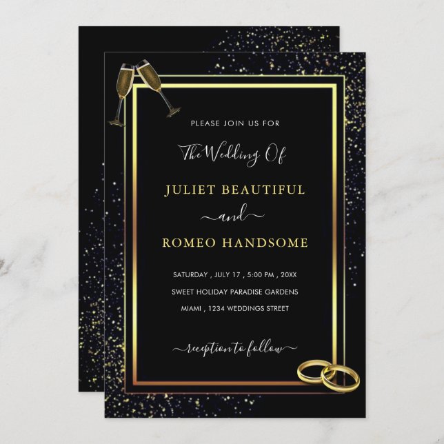 Wedding Invitation with Black Gold Elegant Frame (Front/Back)