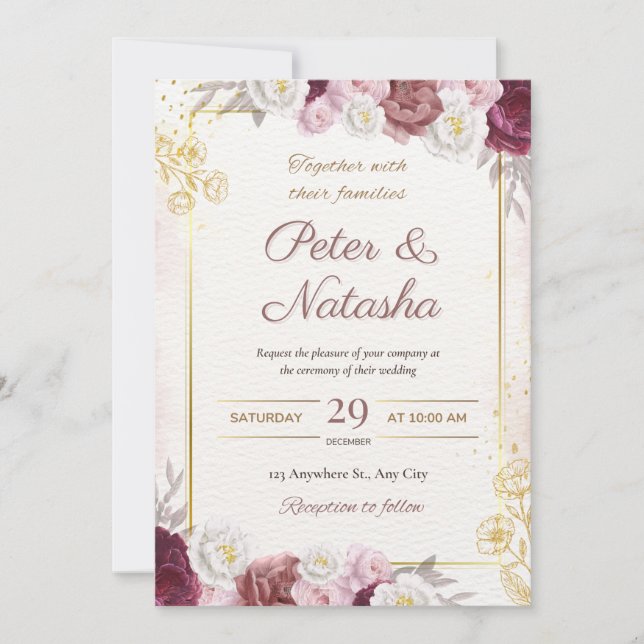 Wedding Invitation with Burgundy and Blush Flowers (Front)