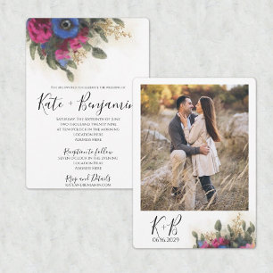 Wedding Invitation with Dark Pink & Blue Flowers