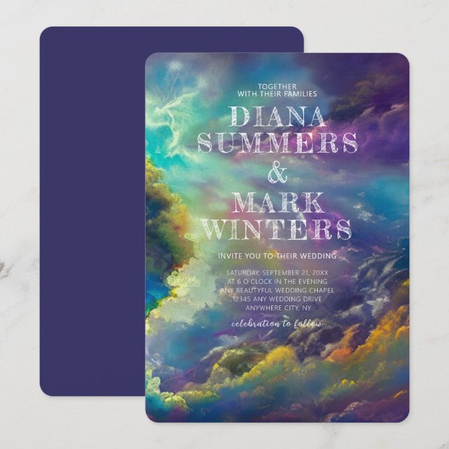 Wedding Invitation with fabulous purple clouds (Front/Back)