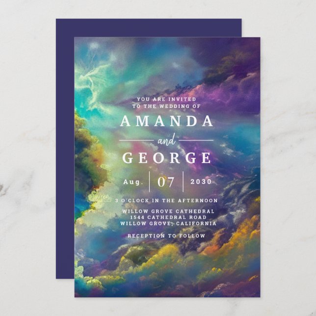 Wedding Invitation with fabulous purple clouds (Front/Back)