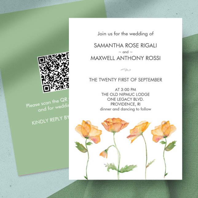 Wedding Invitation with QR Code Orange Flowers (Wedding invitation QR code watercolor orange wildflowers by Victoria Grigaliunas of Do Tell A Belle)