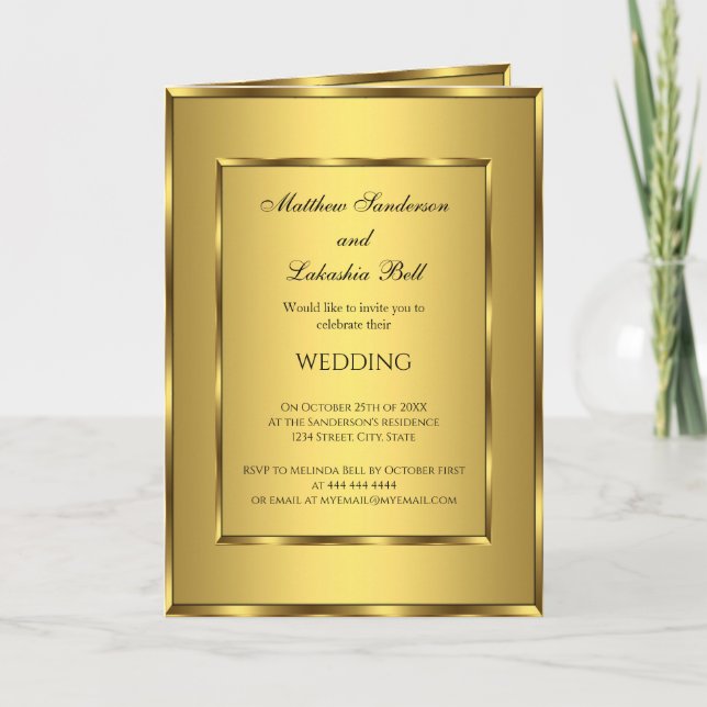 Wedding invitation with reception menu Gold (Front)