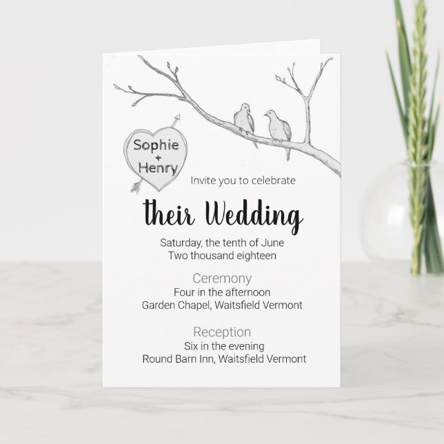 Wedding Invitation with two doves and tree heart (Front)