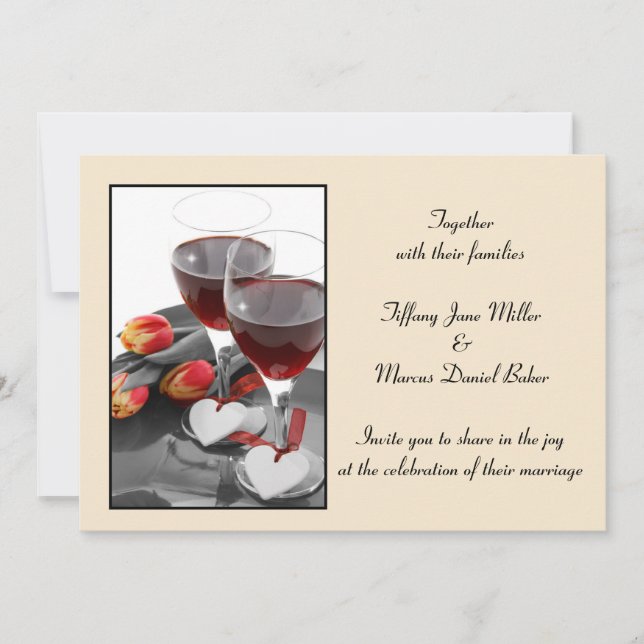 Wedding Invitation with wine glasses and red wine (Front)