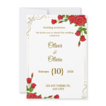Wedding invitations adorned with red roses are in