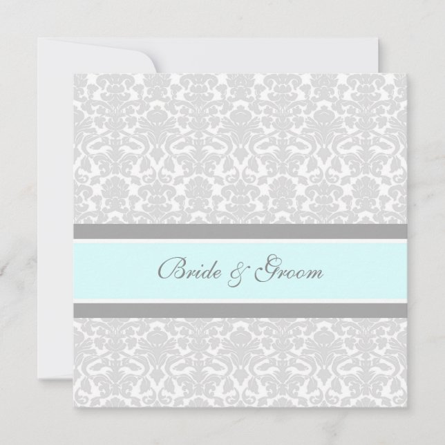 Wedding Invitations Blue Grey White Damask (Front)