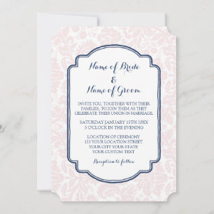 Wedding Invitations Blush Navy Blue Damask