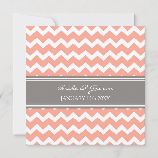 Wedding Invitations Coral Grey Chevron (Front)