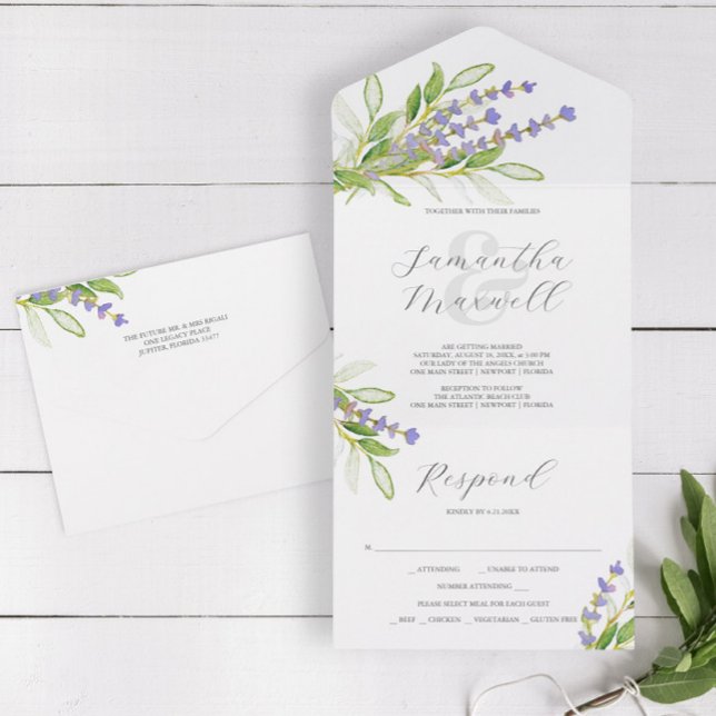 Wedding Invitations Floral Watercolor Lavender (Wedding invitations with RSVP cards feature watercolor lavender art by Victoria Grigaliunas)