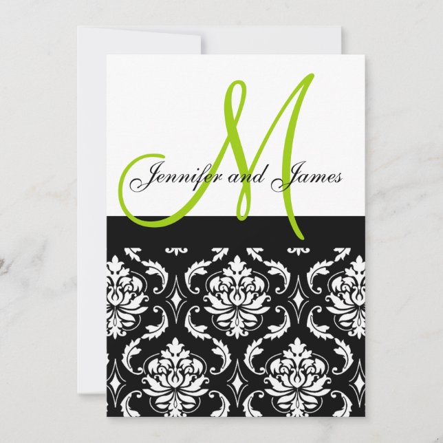 Wedding Invitations Green  Monogram Names Damask (Front)