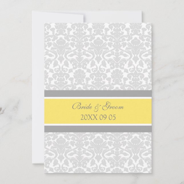 Wedding Invitations Lemon Grey White Damask (Front)