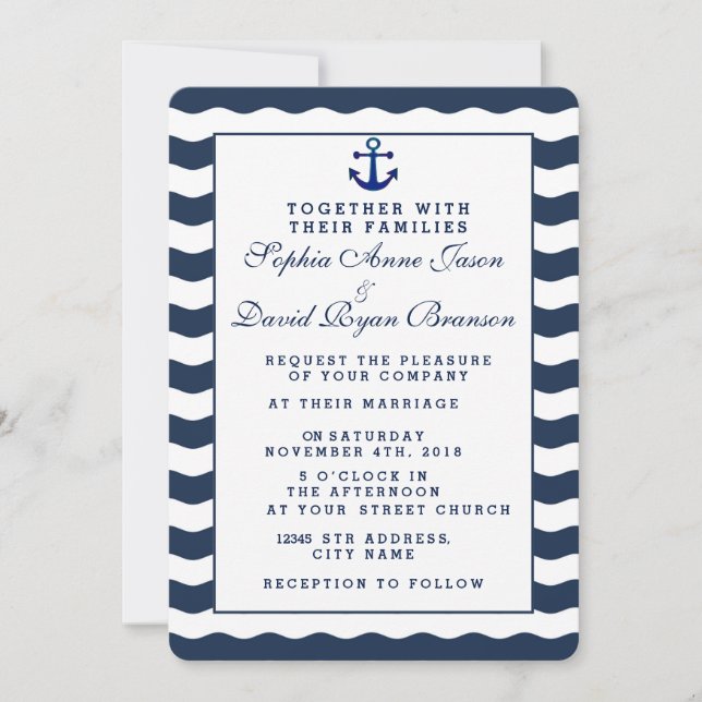 Wedding Invitations | Nautical Navy Waves Anchor (Front)