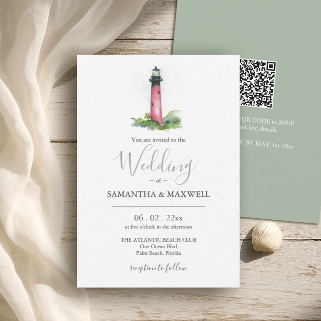 Wedding Invitations On A Budget Beach Destination (Beach wedding in Florida watercolor Jupiter Lighthouse art by Victoria Grigaliunas Do Tell A Belle)