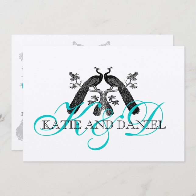 Wedding Invitations Peacocks Monogram Silver (Front/Back)