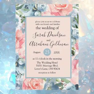 Wedding Invitations - Pink Dusty Blue Floral Roses