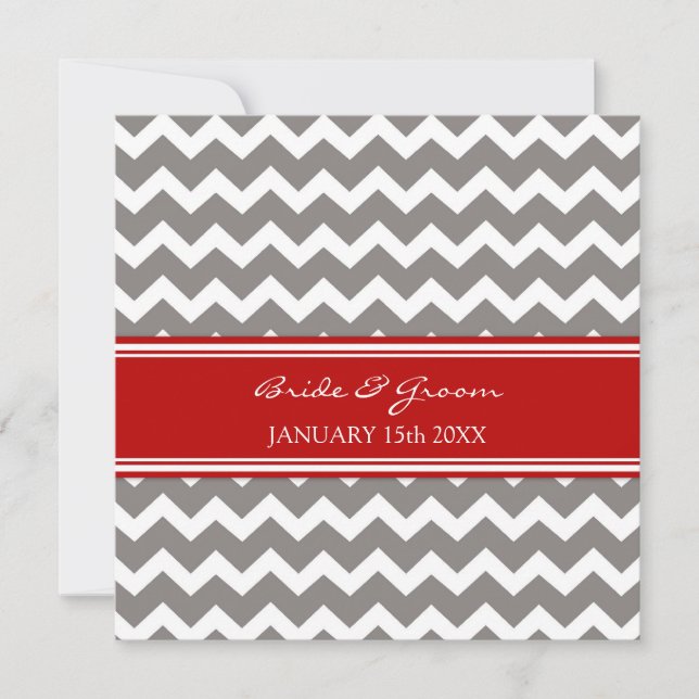 Wedding Invitations Red Grey Chevron (Front)