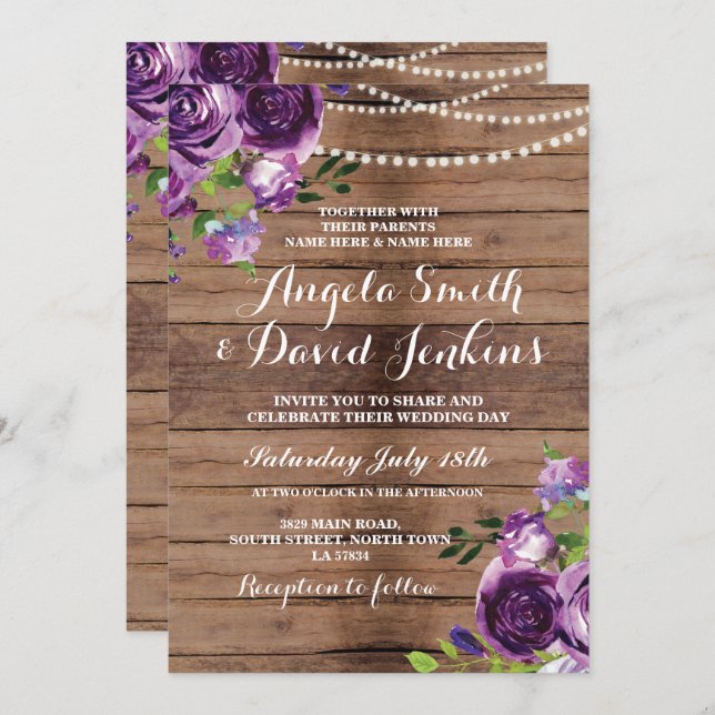 Wedding Invitations Rustic Wood Purple Floral (Front/Back)