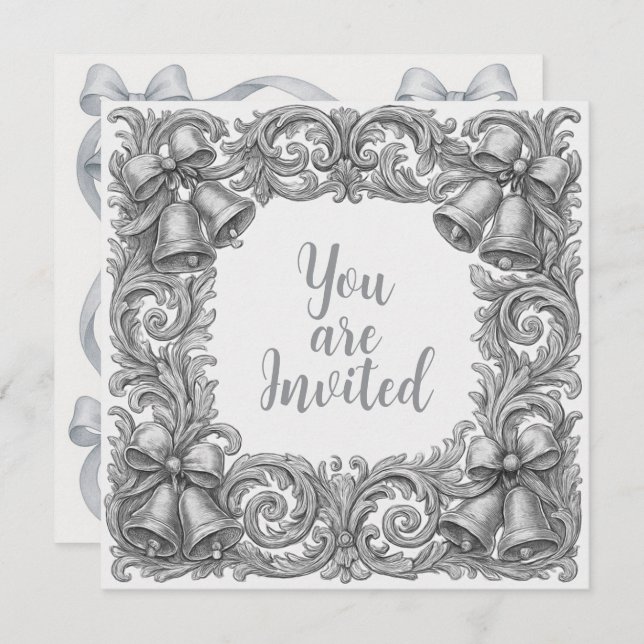Wedding Invitations with Silver Bells and Ribbons (Front/Back)