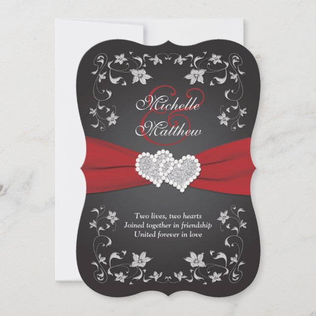 Wedding Invite 2 Black Red Silver, Floral, Hearts (Front)