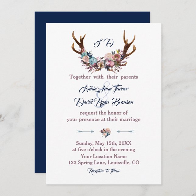 Wedding Invite | Antlers Dusty Blue Pink Floral (Front/Back)