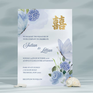 Wedding Invite Blue Butterfly Gold