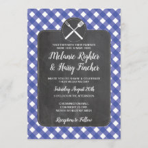 Wedding Invite Blue Gingham BBQ Chalk