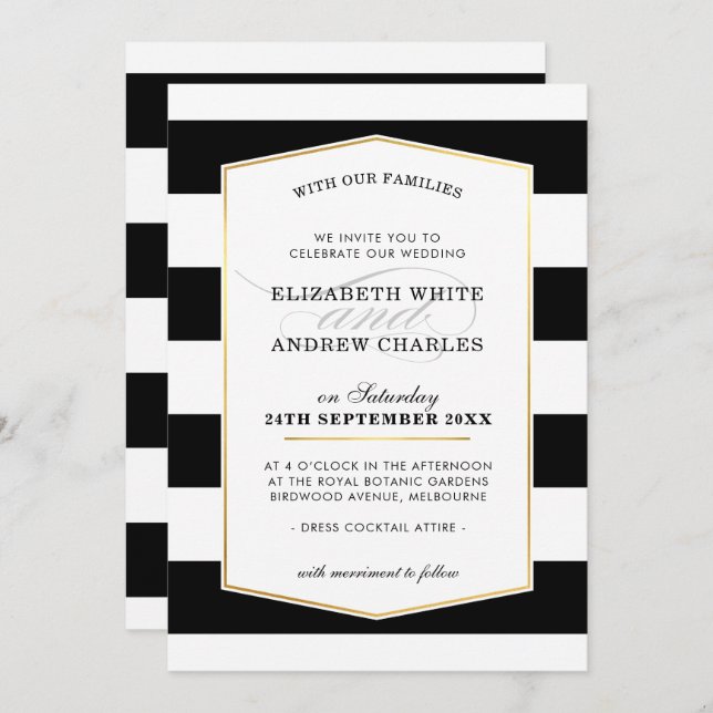 WEDDING INVITE chic modern black white stripe gold (Front/Back)
