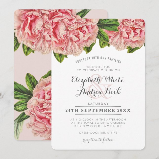 WEDDING INVITE chic pink floral peony flowers (Front/Back)