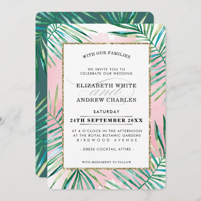 WEDDING INVITE chic tropical beach palm leaves (Front/Back)